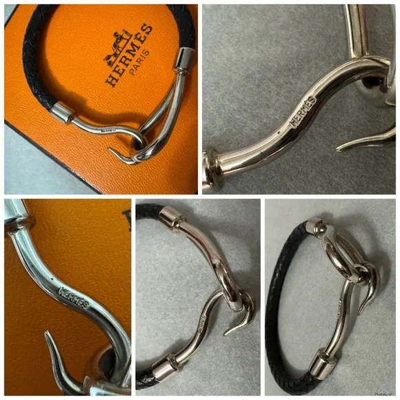 Hermès AUTHENTIC Silver & Black Leather Jumbo Hook Braided Tour Bracelet. - Picture 13 of 16